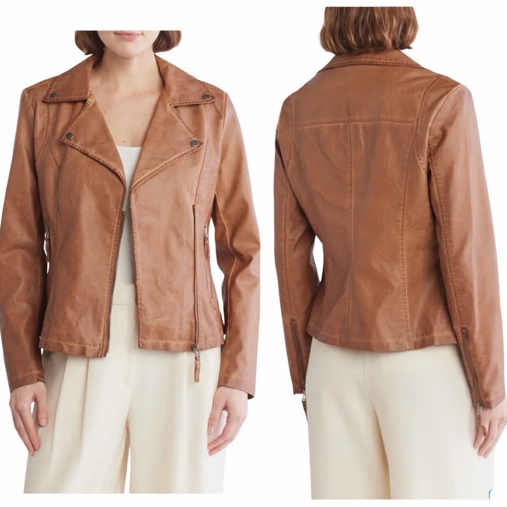 Max Studio Brown Moto Jacket Sz M Faux Leather Zip-Up Distressed Biker Layering